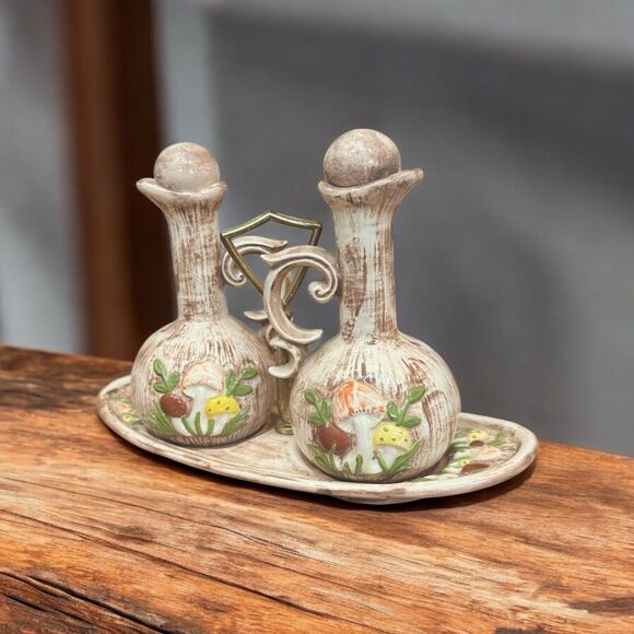 Vintage MCM Arnel's Mushroom Theme Cruet Set Oil & Vinegar Dressing Condiments - Picture 1 of 10